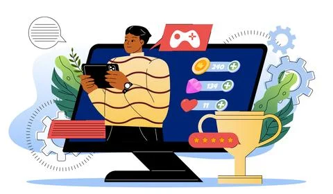 Computer games concept. Man with tablet playing video games and arcades. Gamer Stock Illustration