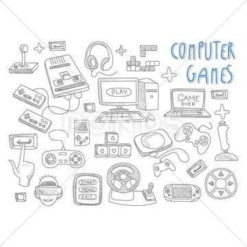 Computer games doodles icon set vector Stock Illustration