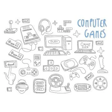 Computer games doodles icon set vector Stock Illustration