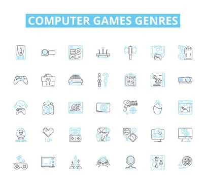 Computer games genres linear icons set. Action, Adventure, Puzzle, Strategy Stock Illustration