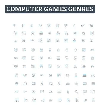 Computer games genres vector line icons set. Simulation, Shooter, Adventure Stock Illustration