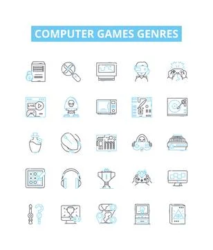 Computer games genres vector line icons set. Simulation, Shooter, Adventure Stock Illustration