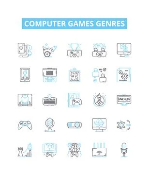 Computer games genres vector line icons set. Simulation, Shooter, Adventure Stock Illustration