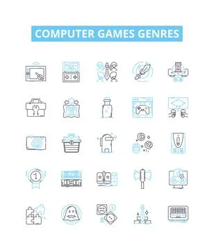 Computer games genres vector line icons set. Simulation, Shooter, Adventure Stock Illustration