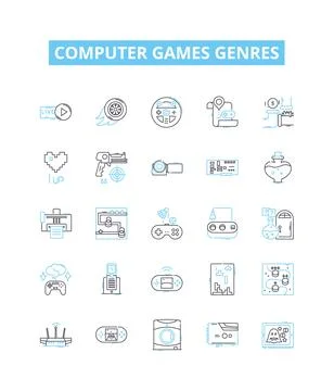 Computer games genres vector line icons set. Simulation, Shooter, Adventure Stock Illustration