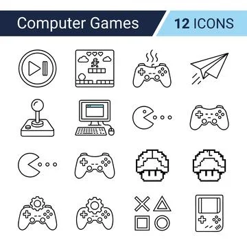 Computer games icons collection for digital entertainment, featuring joysti.. Stock Illustration