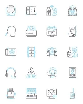 Computer games linear icons set. Adventure, RPG, Action, Simulation, Strategy Stock Illustration