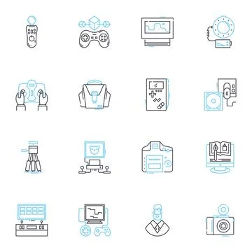 Computer games linear icons set. Adventure, RPG, Action, Simulation, Strategy Stock Illustration