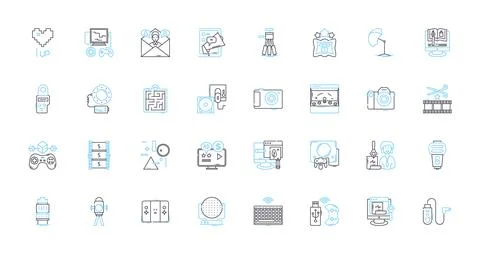 Computer games linear icons set. Adventure, RPG, Action, Simulation, Strategy Stock Illustration