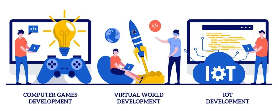 Computer games, virtual world and IoT development concept with tiny people... イラスト素材