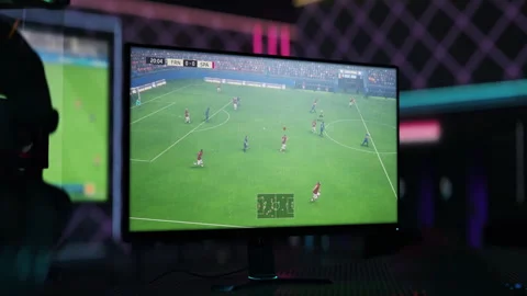 Computer gaming animation of the competitive soccer match in a fake game Stock Footage 252238365