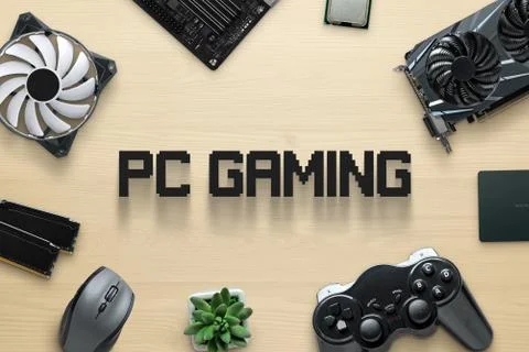 Computer gaming components and pc gaming text concept. Top view scene, flat l Stock Photos