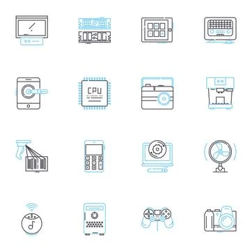 Computer gear linear icons set. Keyboard, Mouse, Monitor, CPU, Graphics Stock-Illustration