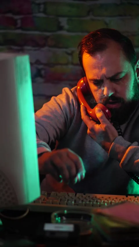 Computer Geek From 1990's Having Phone Call Over Landline Telephone and Smoking 스톡 동영상 302888789