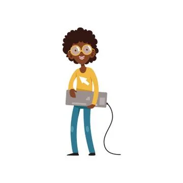 Computer geek character with keyboard in hands. Cartoon black boy with smiling Stock Illustration