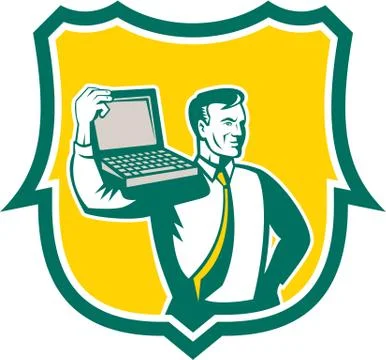 Computer geek technician laptop shield retro. Stock Illustration