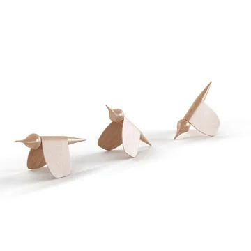 Computer-generated 3d realistic wooden birds isolated on a vertical white backgr Stock Illustration