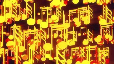 Computer generated 3D rendering. Cluster of many gold musical notes on a black Illustrazione stock