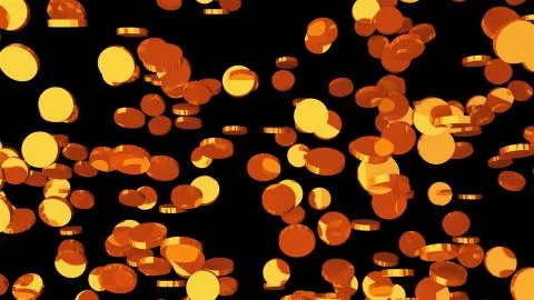 Computer generated 3D rendering. Many randomly rotating gold coins on a black Stock Illustration