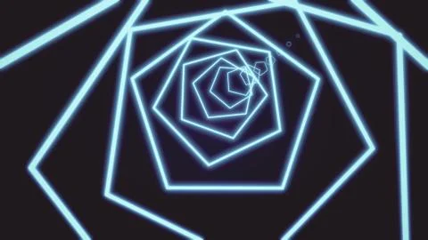 Computer generated abstract neon pentagon tunnel consisting of moving bright Illustrazione stock