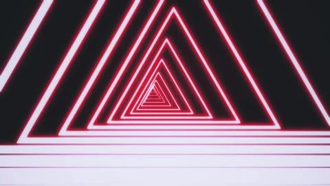 Computer generated abstract neon triangle tunnel consisting of moving bright Stock Illustration