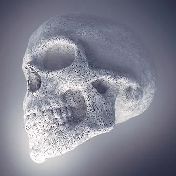 Computer generated abstract white plastic wire skull surrounded by light mist Stock Illustration