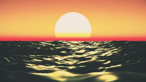 Computer generated animatin of sunset at coast of the sea in retro style Stock Footage 199998743