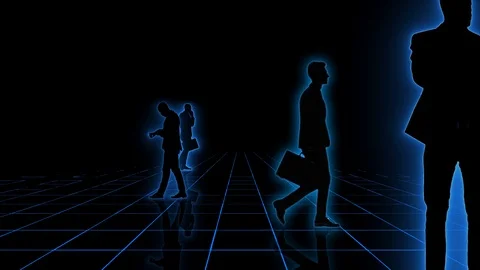Computer generated animation of a neon grid with business people silhouettes Video stock 93686643