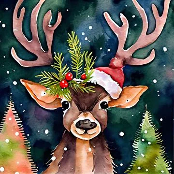 Computer generated deer wearing Santa Claus hat surrounded by pine trees Stockillustratie