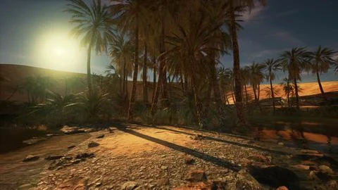 A computer-generated desert landscape with palm trees Illustrazione stock