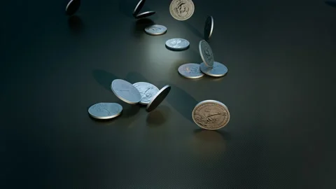 Computer generated dollar coins falling and bouncing on a carbon floor Stock Footage 158000142