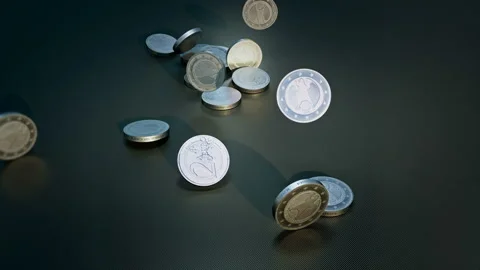 Computer generated euro coins falling and bouncing on a carbon floor Stock Footage 158000175