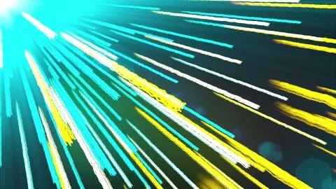 Computer generated fast flight of light stripes from the upper side. 3d Illustrazione stock