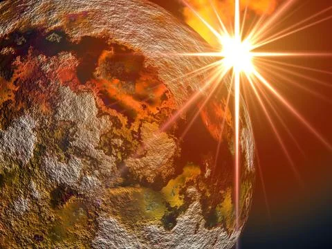 Computer generated high resolution image of planet Mars with rising sun Stock Photos