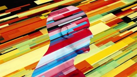 Computer generated human profile with colored stripes. 3d rendering of man Illustrazione stock