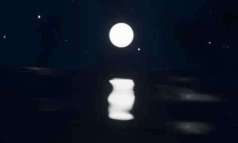 Computer generated illustration of night sky and ocean with moon and stars Stock Illustration