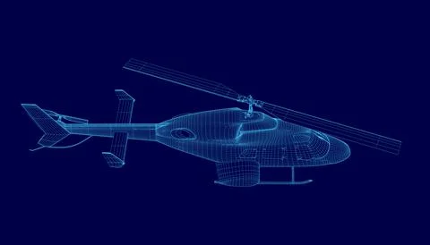 Computer-generated image of a blue helicopter is displayed on a blue background. Illustrazione stock