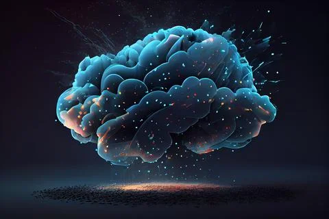 A computer generated image of a brain with a lot of bubbles and stars comin.. Stock Illustration
