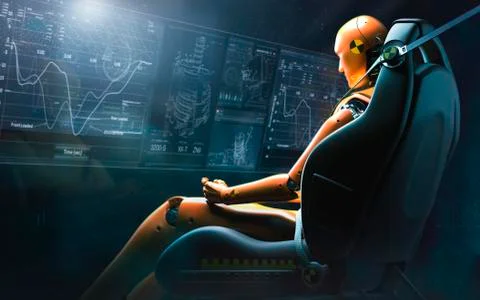 Computer generated image crash test dummy reviewing data Stock Illustration