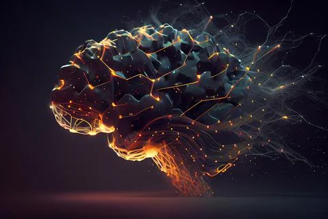 A computer generated image of a human brain with glowing lines and dots in .. 스톡 일러스트