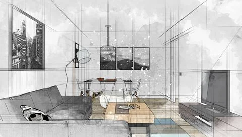 Computer generated image of a living room. Sketch style 3D rendering Stock Illustration