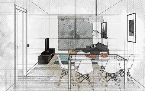 Computer generated image of a living room. Sketch style 3D rendering Illustrazione stock
