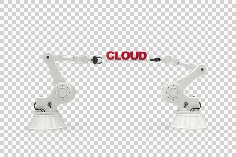Computer generated image of mechanical robotic hands holding cloud text Stock Photos