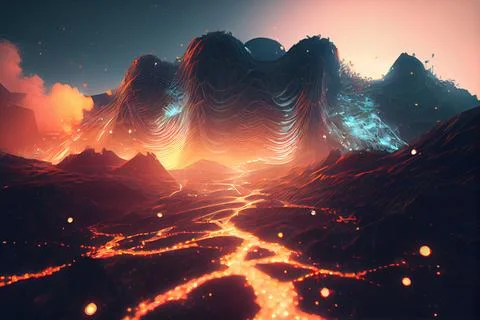A computer generated image of a mountain landscape with a stream of fire co.. Stock Illustration