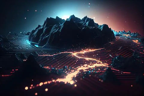 A computer generated image of a mountain range with a stream of light comin.. Illustrazione stock