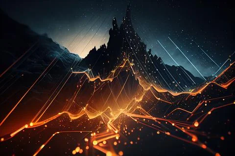 A computer generated image of a mountain with a star trail in the sky above.. Stock Illustration