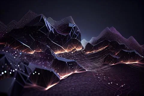 A computer generated image of mountains and stars in the sky with a black b.. Stock Illustration