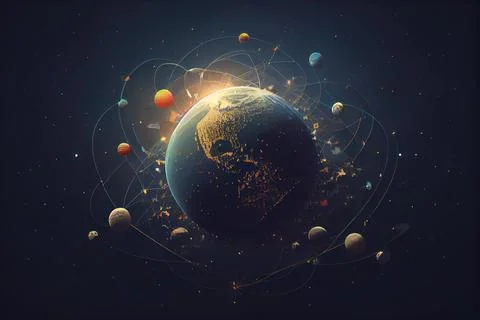 A computer generated image of a solar system with planets and sun in the ba.. Illustrazione stock