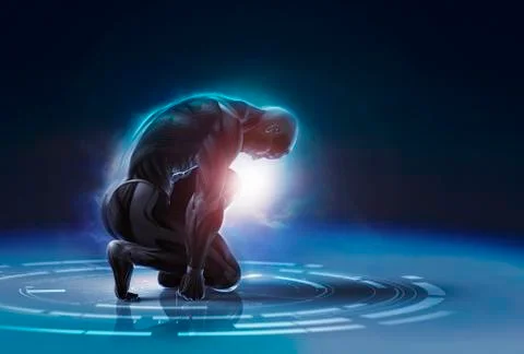 Computer generated image of strong anatomical model kneeling Stock Illustration