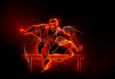 Computer generated image track and field athlete jumping hurdles Illustrazione stock